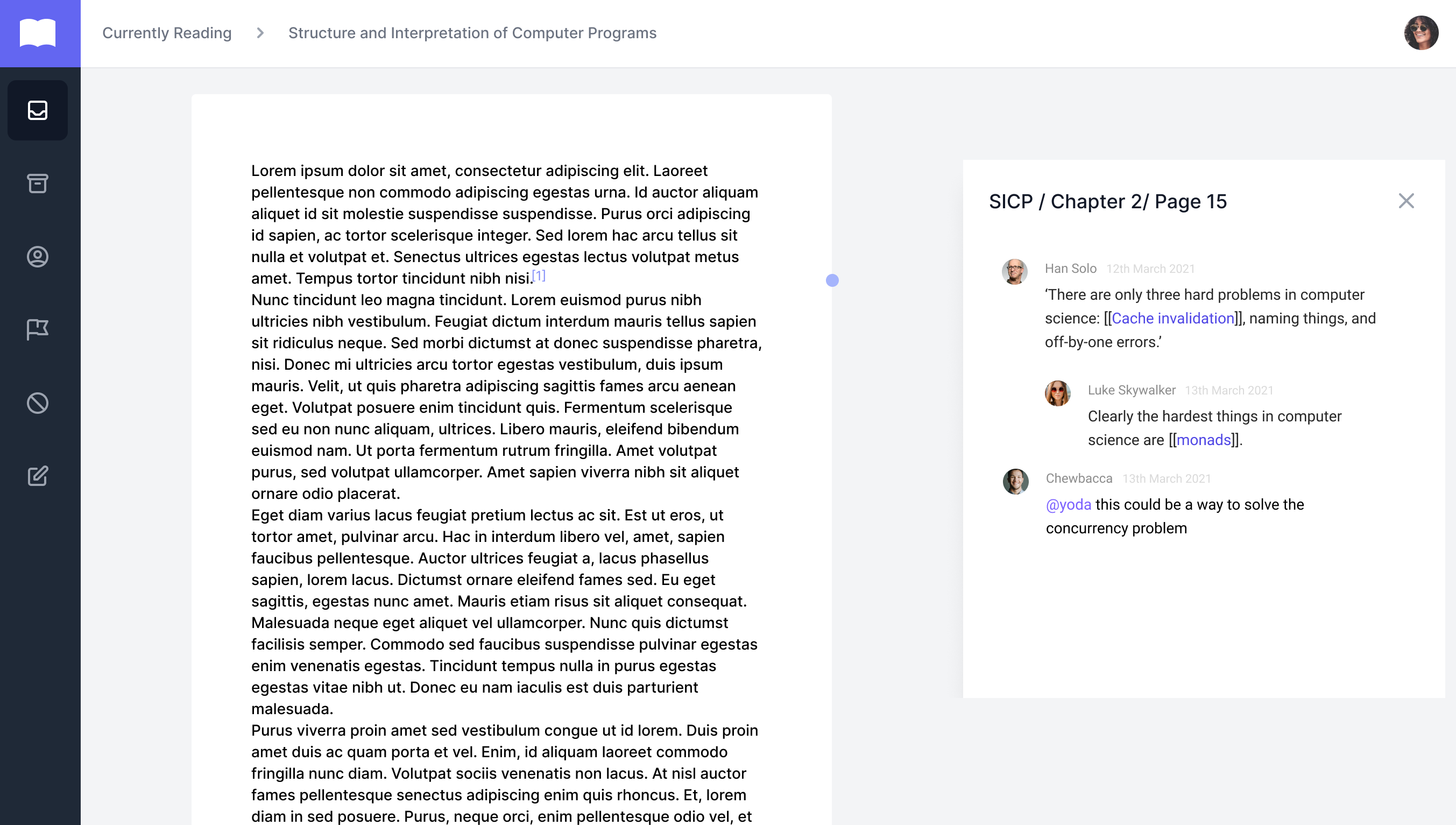 Reading page user interface
